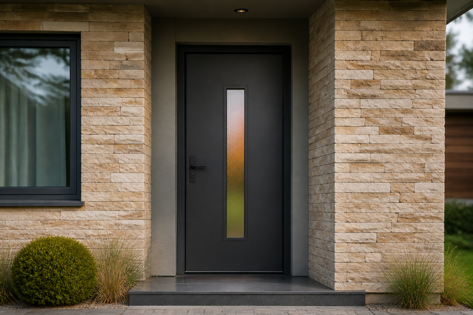 Illustrative Darstellung zum Ratgeberthema Haustür mit Glas: Licht, Sichtschutz und Sicherheit abwägen