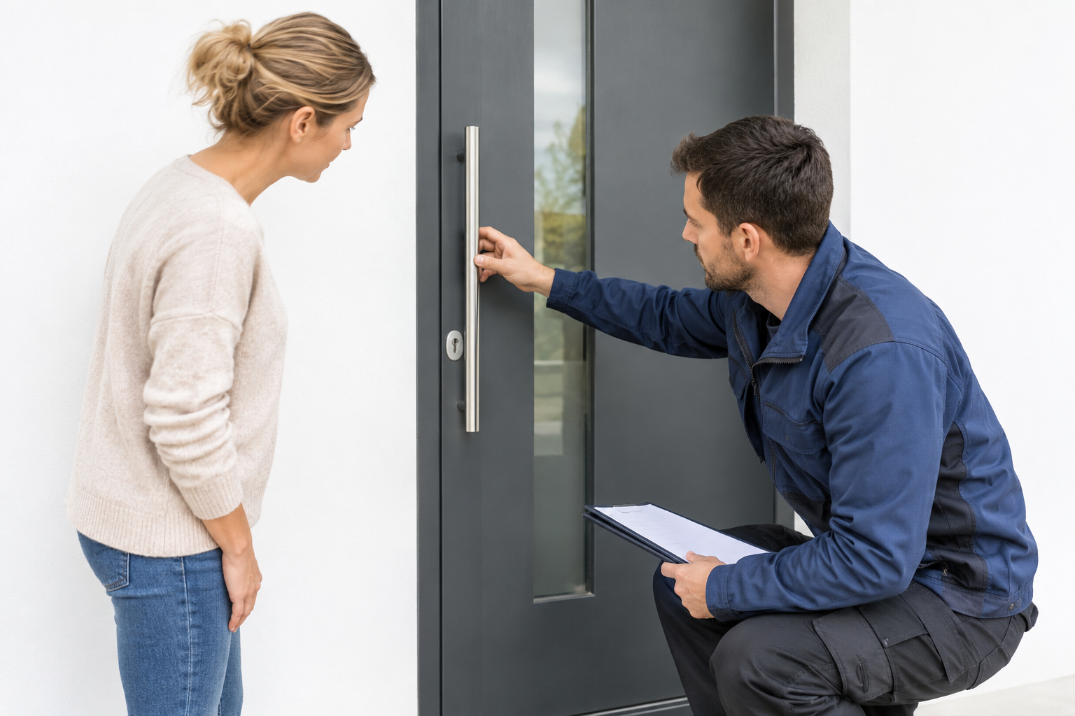 Illustrative Darstellung zum Ratgeberthema Haustürpflege und Wartung: Eigenen Anteil und Fachservice planen