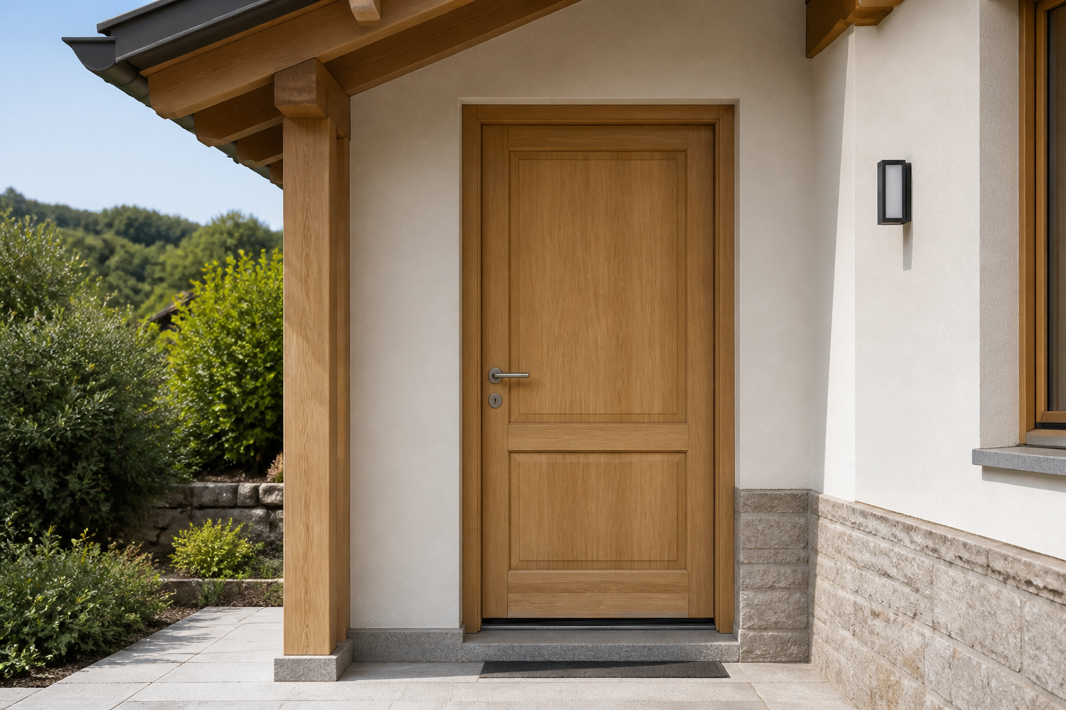 Illustrative Darstellung zum Ratgeberthema Holz-Haustür: Konstruktion, Witterungsschutz und Pflege